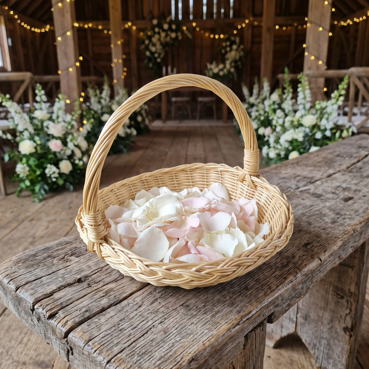 Small round wicker petal basket with a tall arched handle full of white and blush rose petals on a rustic bench in a decorated barn wedding venue