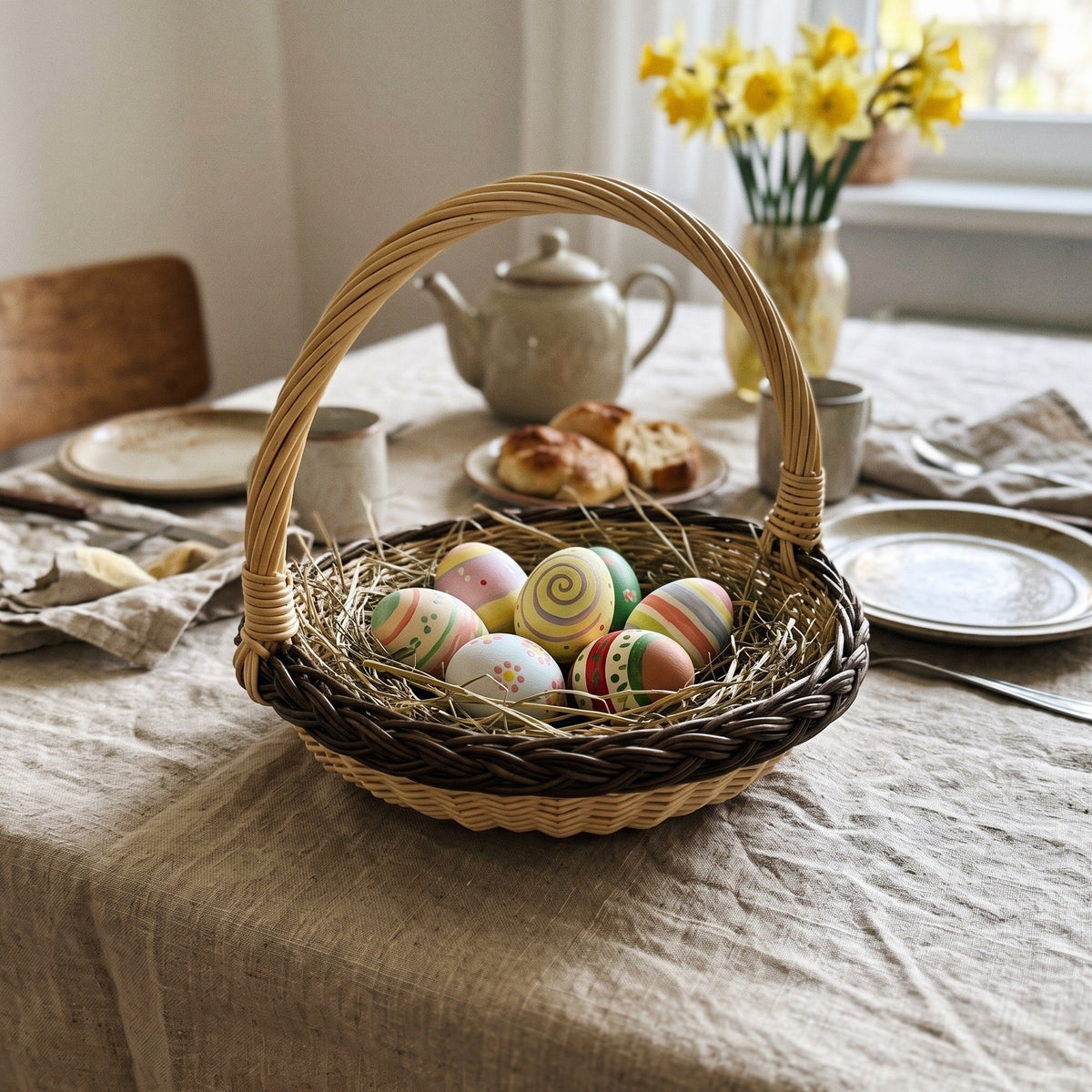 Small round willow basket with handle used as an Easter basket with painted eggs on hay, on a linen-covered breakfast table