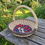 Round willow berry basket with a tall handle holding raspberries and blueberries on a weathered garden table by raspberry canes