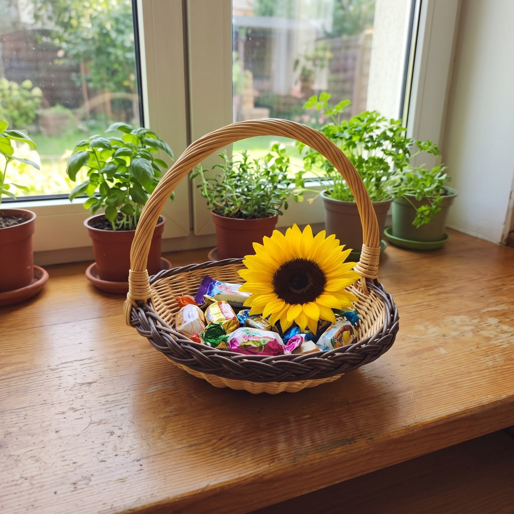 Small wicker candy basket with a tall handle holding wrapped sweets and a sunflower on a wooden windowsill with potted herbs