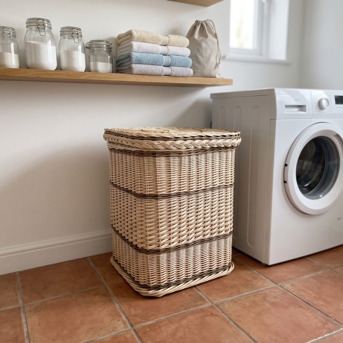 Large square wicker laundry hamper with lid standing on a terracotta tiled floor beside a washing machine in a bright laundry room