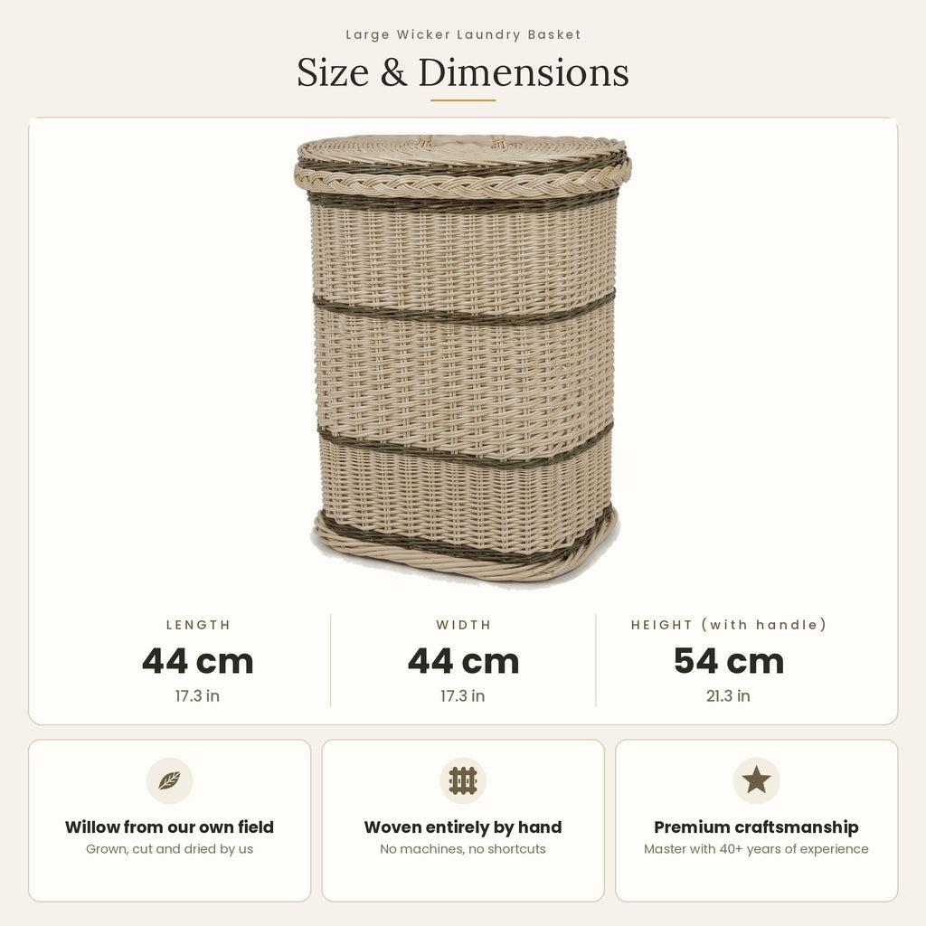 Size chart for the large square wicker laundry hamper with lid showing 54 cm height, 44 cm length and 44 cm width