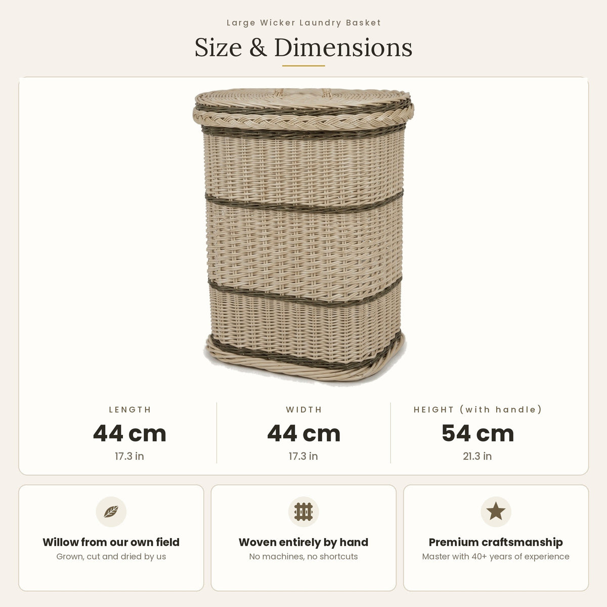 Size chart for the large square wicker laundry hamper with lid showing 54 cm height, 44 cm length and 44 cm width