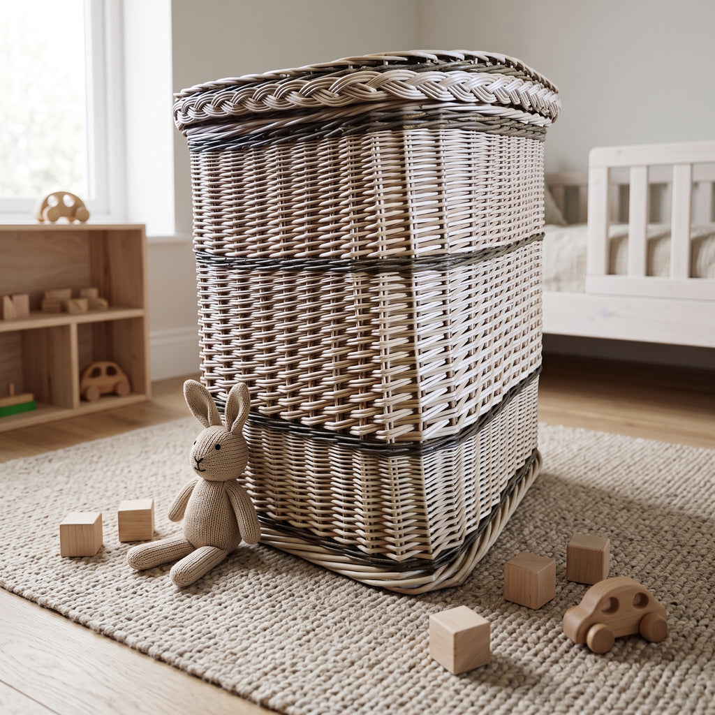 Square wicker toy storage basket with lid in a nursery with a knitted bunny, wooden blocks and a toy car on a rug