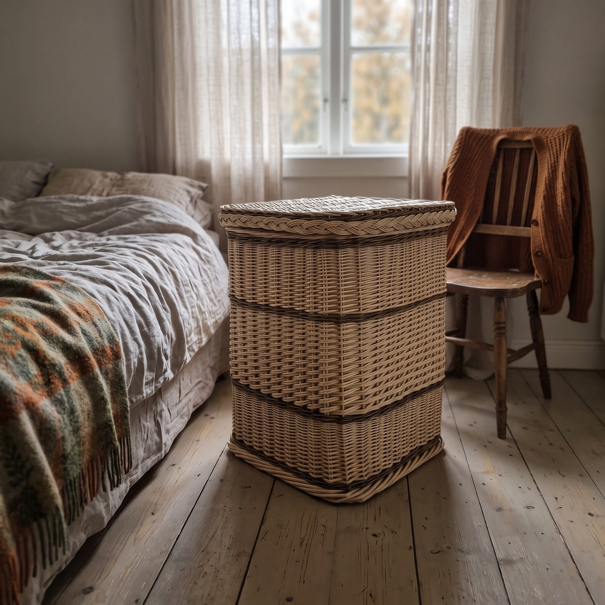Square willow laundry hamper with lid at the foot of an unmade bed beside a wooden chair with a knitted cardigan
