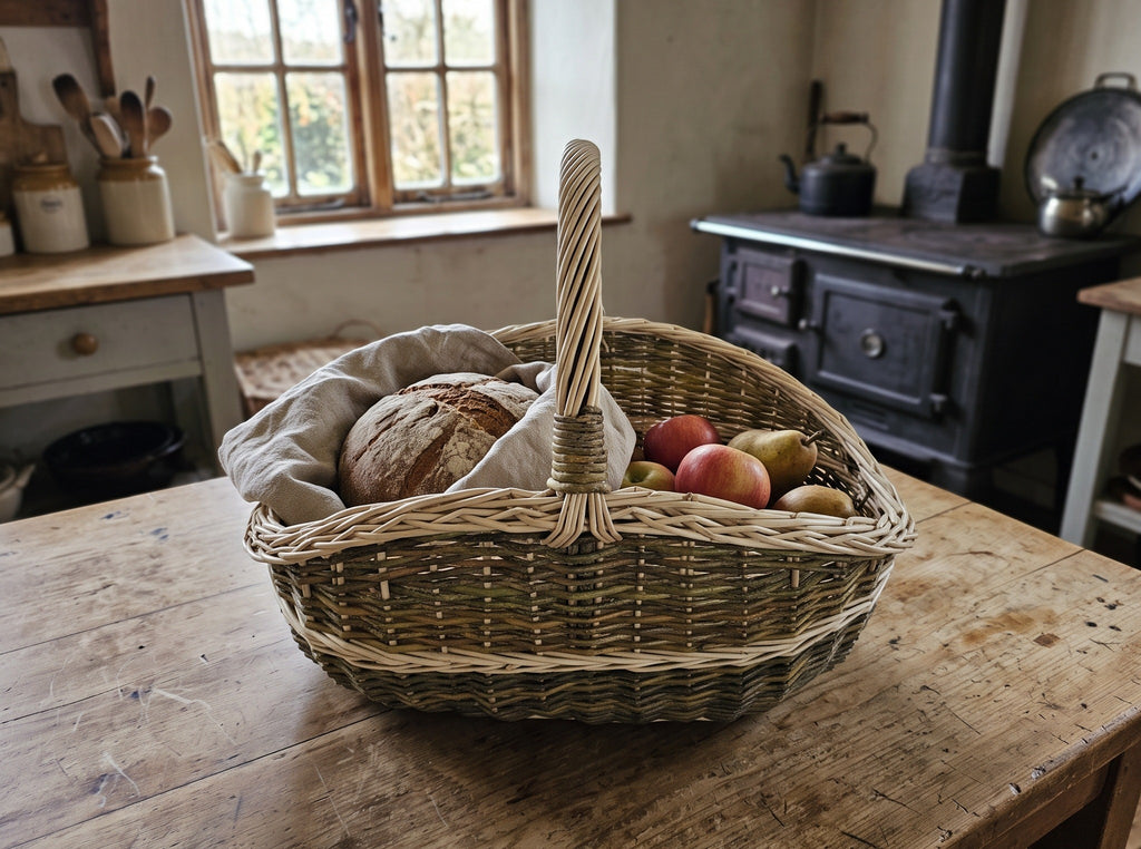 Handwoven wicker market basket with a twisted handle holding bread wrapped in linen, apples and pears on a farmhouse kitchen table