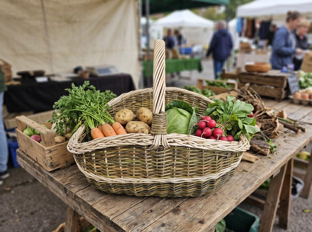 Wicker market basket with twisted handle filled with carrots, potatoes, cabbage and radishes on a wooden stall at a farmers market