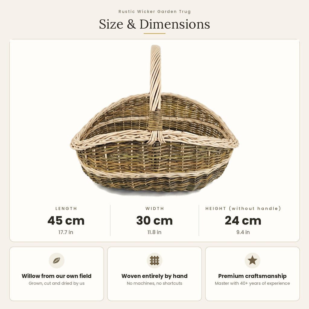 Size chart for the handwoven wicker garden trug market basket showing 45 cm length, 30 cm width and 24 cm height without handle