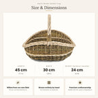 Size chart for the handwoven wicker garden trug market basket showing 45 cm length, 30 cm width and 24 cm height without handle