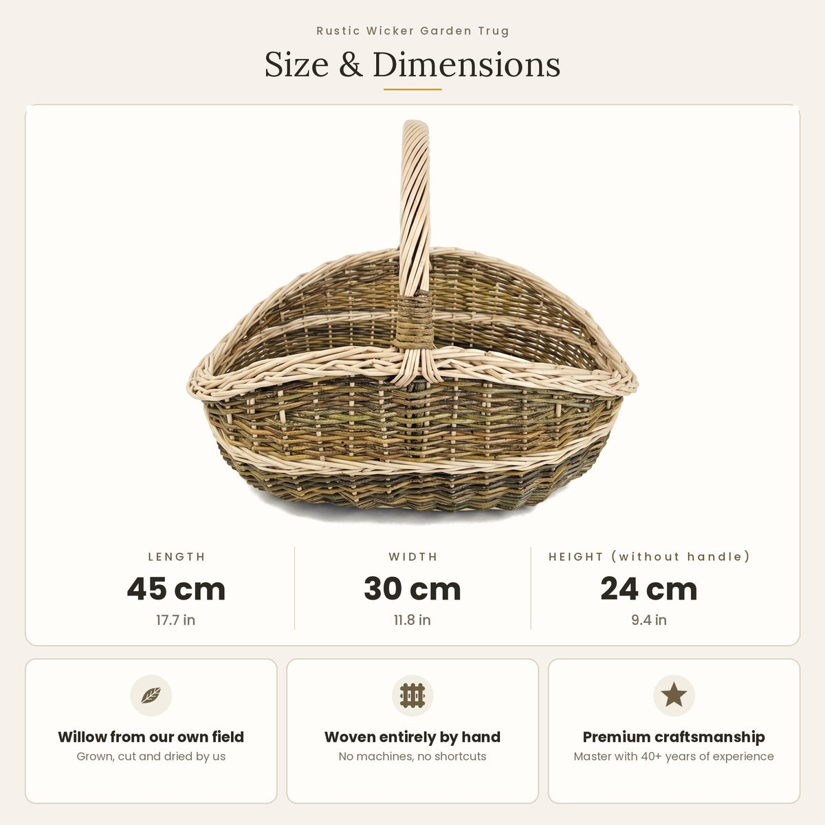 Size chart for the handwoven wicker garden trug market basket showing 45 cm length, 30 cm width and 24 cm height without handle