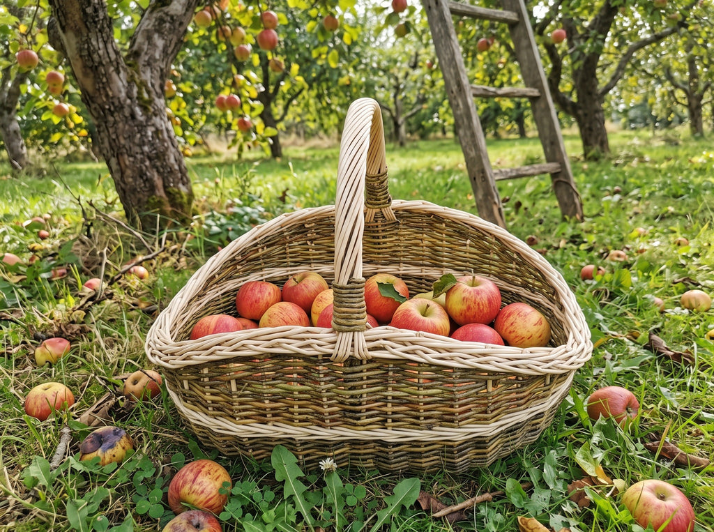 Wicker garden trug with a twisted handle full of red apples on the grass of an orchard among fallen apples and a wooden ladder