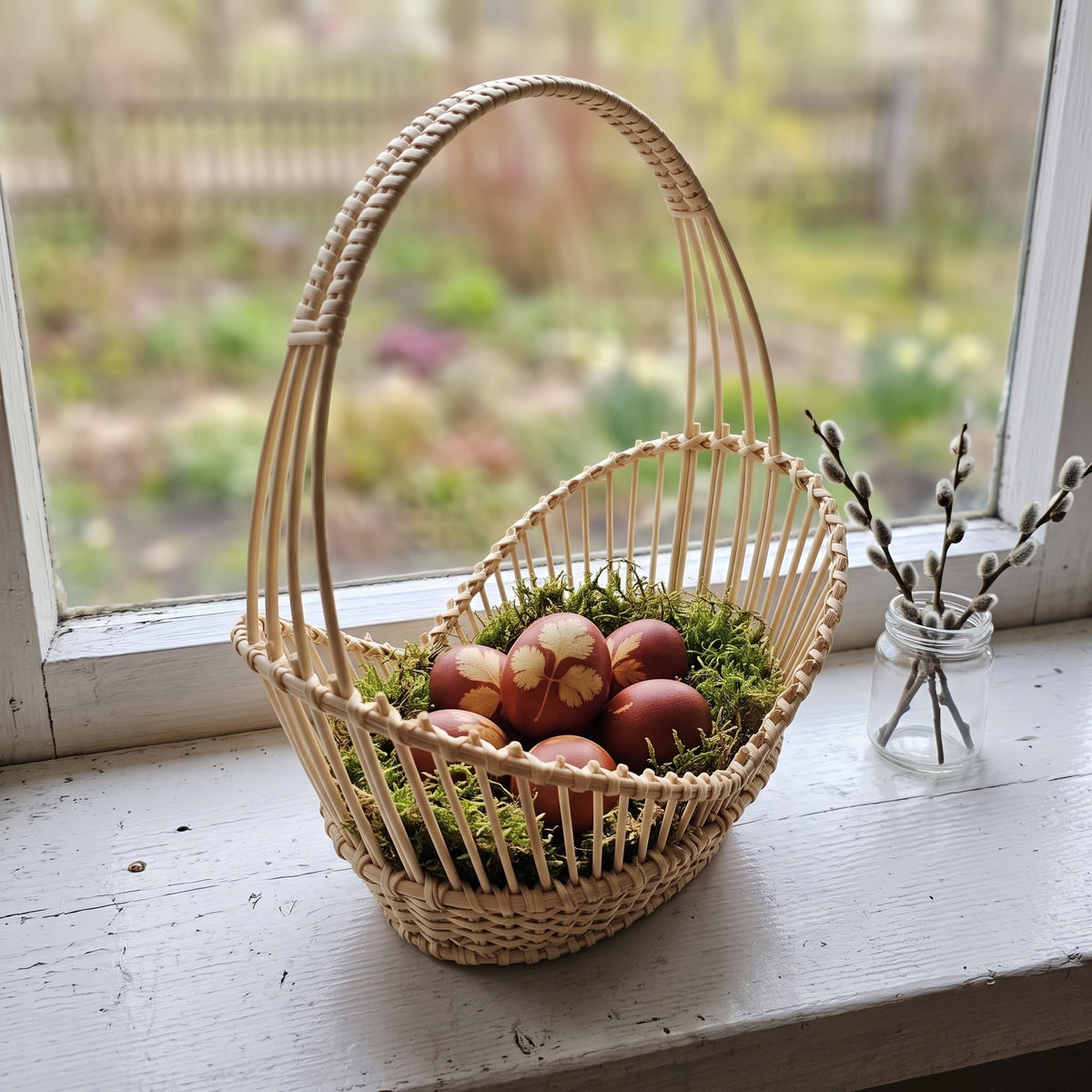 Wicker Easter basket with a tall arched handle and lace-weave sides, holding dyed Easter eggs on moss beside pussy willow on a windowsill