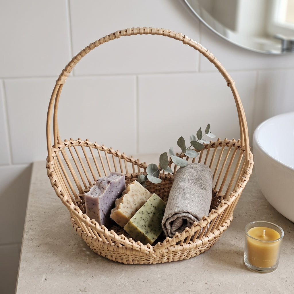 Handwoven willow lace-weave basket with a tall handle used as a bathroom gift basket, holding handmade soaps, a towel and eucalyptus
