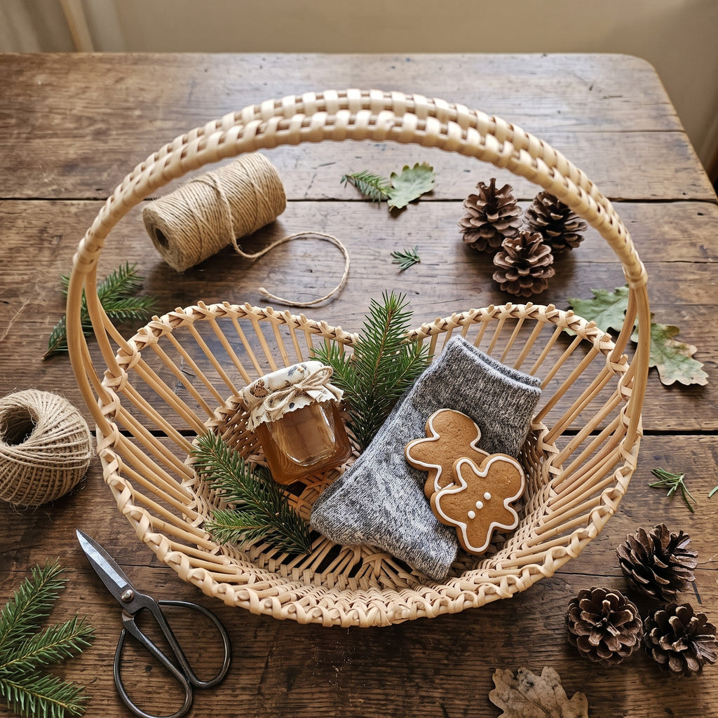 Open-weave willow gift basket with an arched handle holding a jar of honey, wool socks and a gingerbread cookie among pinecones and twine