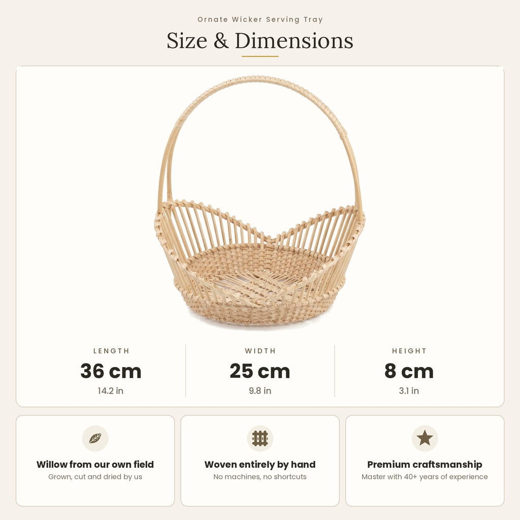 Size chart for the handwoven willow lace-weave basket with tall arched handle showing 36 cm length, 25 cm width and 8 cm height