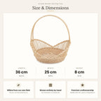 Size chart for the handwoven willow lace-weave basket with tall arched handle showing 36 cm length, 25 cm width and 8 cm height