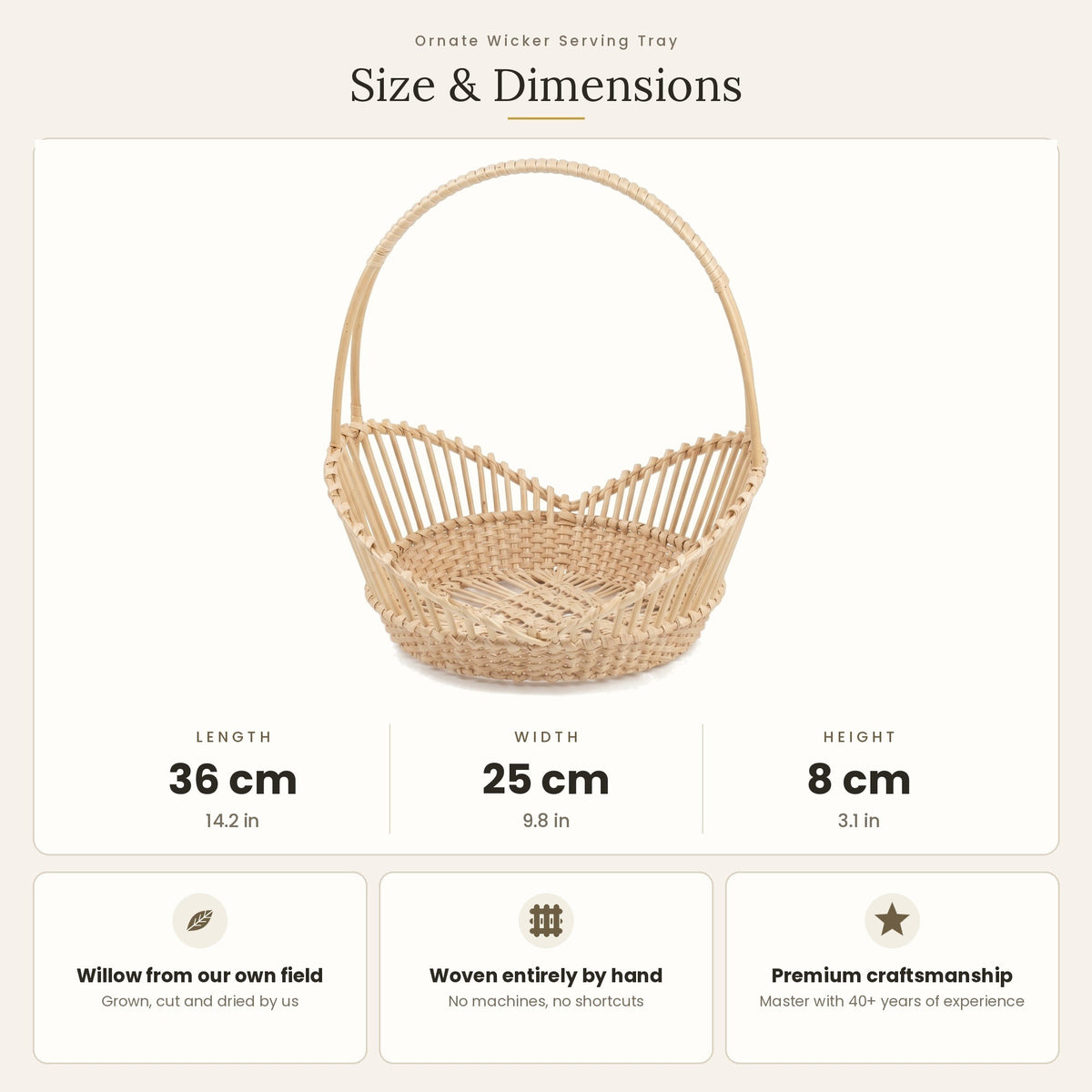Size chart for the handwoven willow lace-weave basket with tall arched handle showing 36 cm length, 25 cm width and 8 cm height