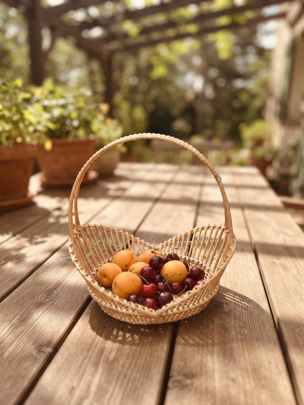 Small willow lace-weave basket with a tall arched handle holding apricots and cherries on a sunny wooden garden table