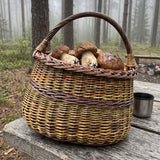 Hoher Pilzkorb aus Weide mit verstärktem Henkel voller Steinpilze auf einer Holzbank im nebligen Kiefernwald