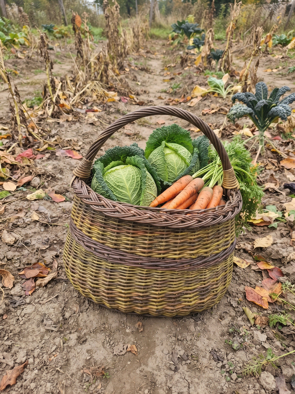 Handwoven willow harvest basket full of savoy cabbage and carrots standing on soil in an autumn vegetable garden.
