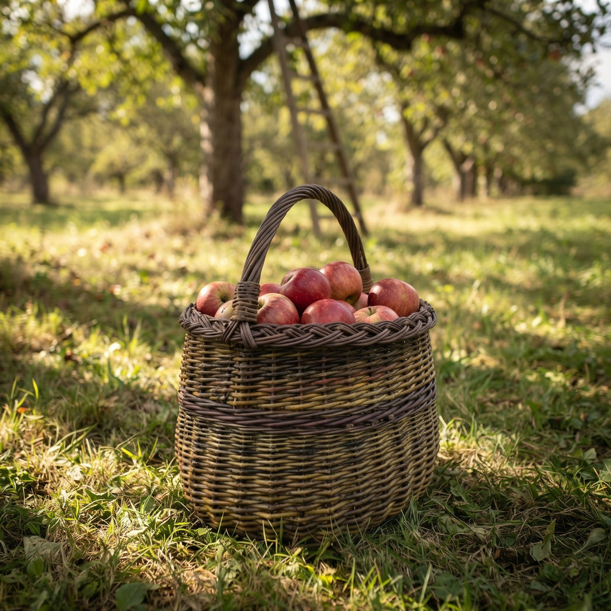Tall wicker foraging basket with reinforced handle filled with red apples on the grass in a sunlit apple orchard.
