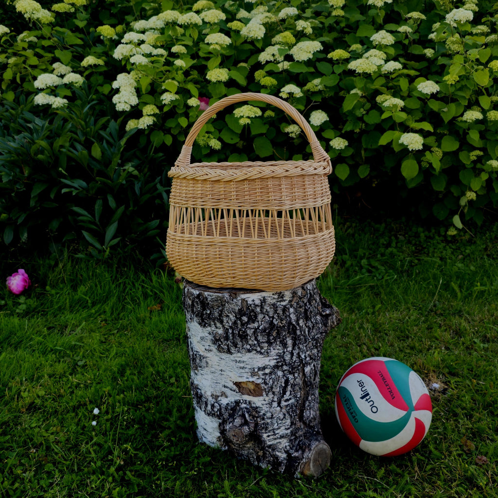 Tall willow foraging basket with an open-weave decorative band and arched handle on a birch stump, with a volleyball beside it for scale.