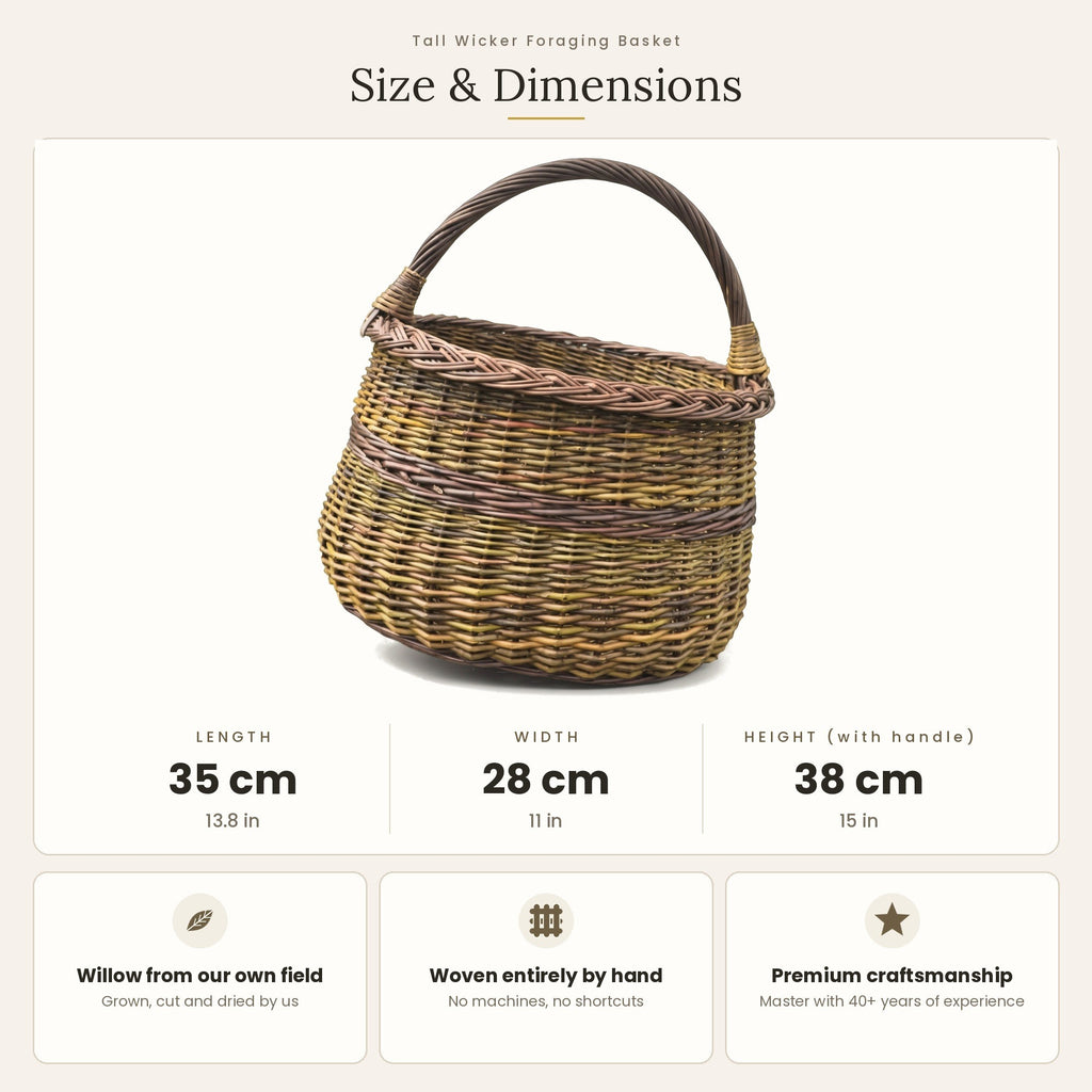 Size chart for the tall wicker foraging basket showing 35 cm length, 28 cm width and 38 cm height with handle.