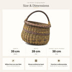 Size chart for the tall wicker foraging basket showing 35 cm length, 28 cm width and 38 cm height with handle.