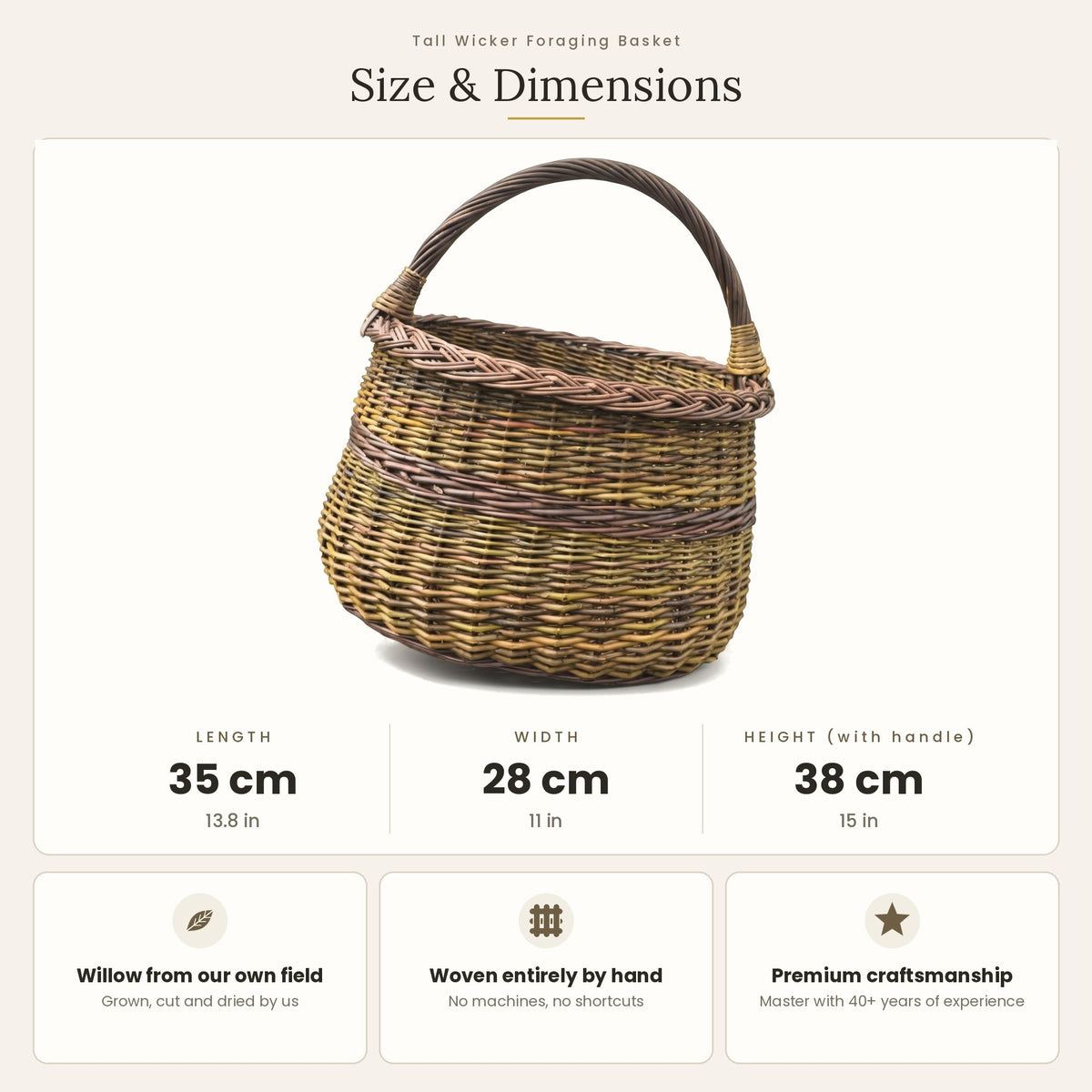 Size chart for the tall wicker foraging basket showing 35 cm length, 28 cm width and 38 cm height with handle.