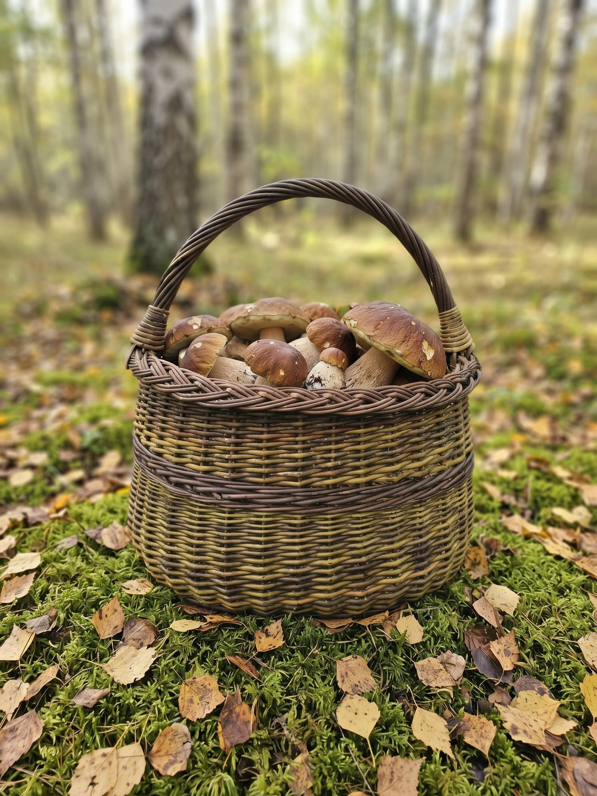 Willow mushroom foraging basket with handle filled with wild porcini mushrooms on moss and fallen leaves in an autumn birch forest.