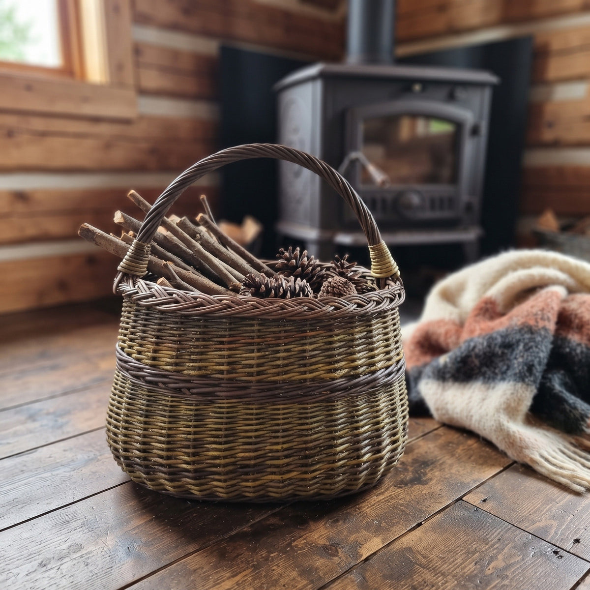 Tall wicker basket with handle used to carry kindling sticks and pine cones on a wooden floor in front of a cabin wood stove.