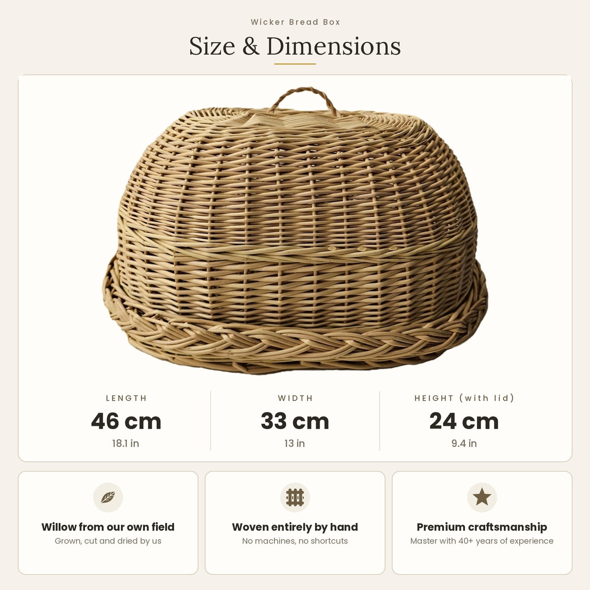 Size chart for the wicker bread cloche with tray showing 46 cm length, 33 cm width and 24 cm height with lid
