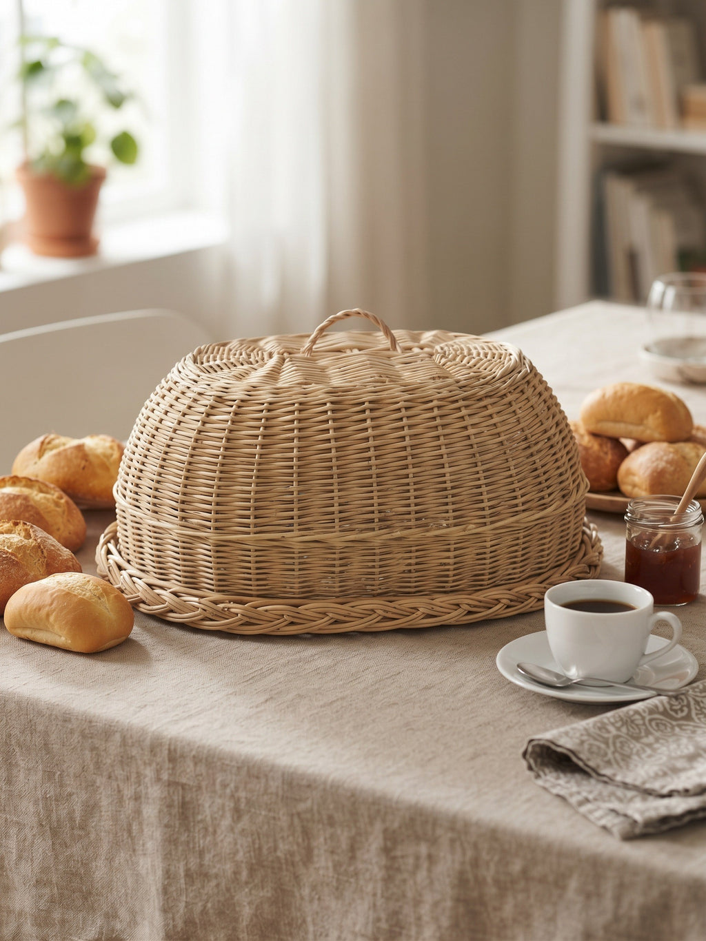 Wicker bread cloche with tray on a linen-covered breakfast table surrounded by fresh rolls, jam and a cup of coffee