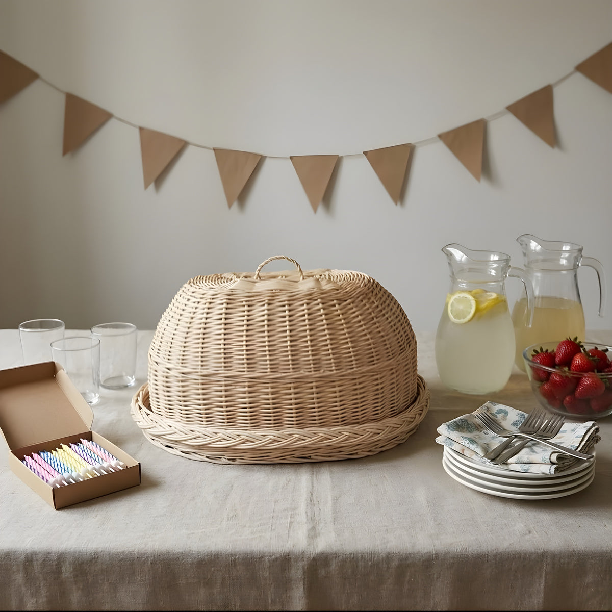 Oval wicker bread cloche with tray on a party table with lemonade jugs, strawberries, napkins and a box of birthday candles