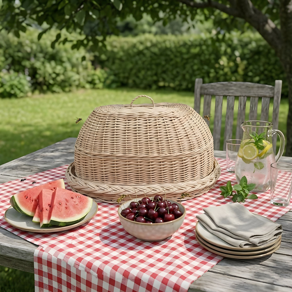 Handwoven bread cloche with tray on a red checked garden picnic table with sliced watermelon, cherries and a jug of water