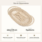 Size chart for the lace-weave willow tray showing a size of about 30 cm and 9 patterns, with notes on willow grown and woven by hand.