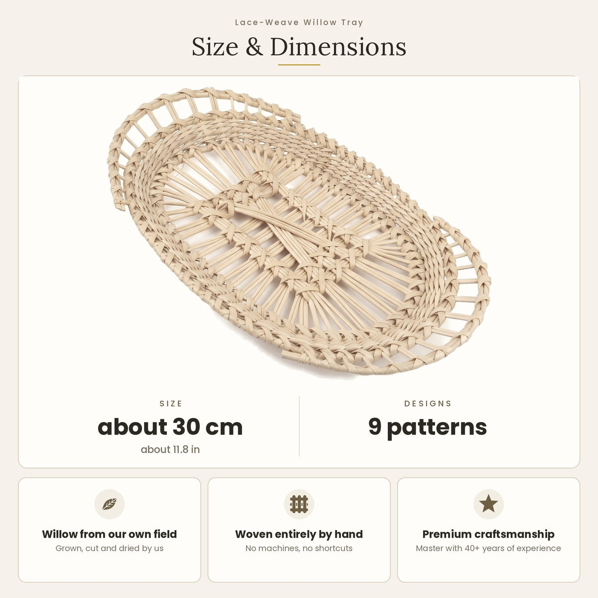 Size chart for the lace-weave willow tray showing a size of about 30 cm and 9 patterns, with notes on willow grown and woven by hand.