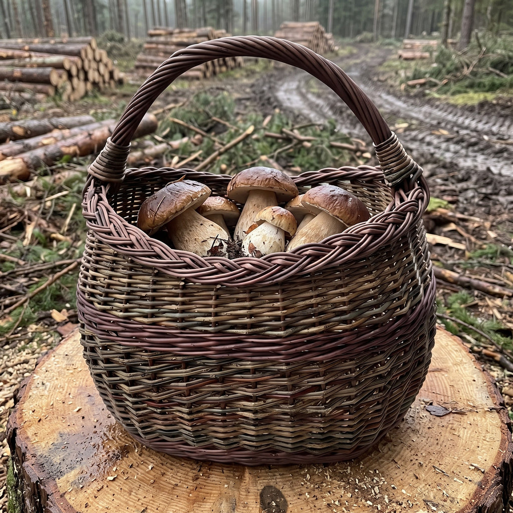 Market basket with handle, handwoven from unpeeled willow with a plaited rim, filled with porcini mushrooms on a tree stump at a forest clearing.