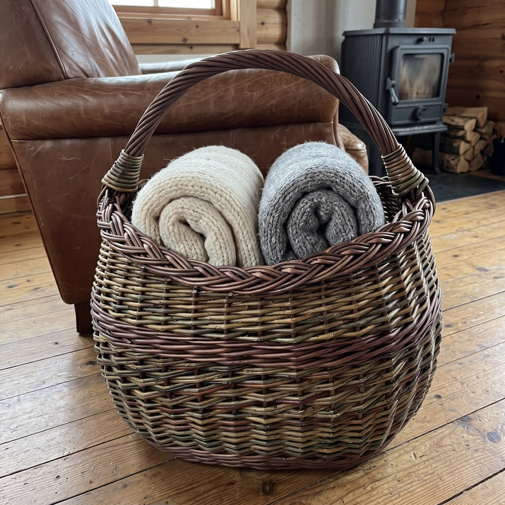 Unpeeled willow basket with a plaited rim holding two rolled wool throws on a wooden floor beside a leather armchair and wood stove.