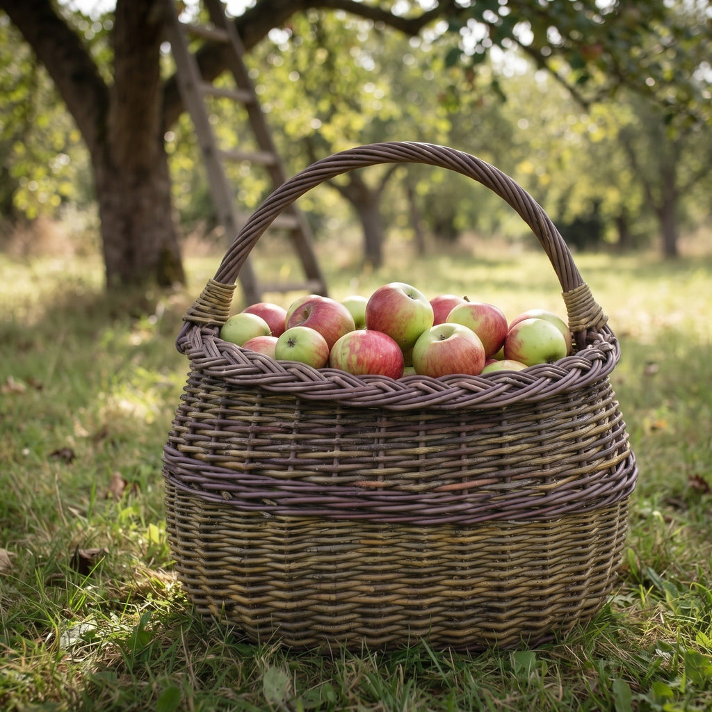 Unpeeled willow shopping basket with an arched handle filled with freshly picked apples on the grass in an orchard by a ladder.