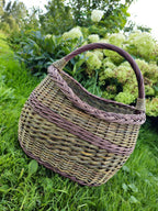 Rounded handwoven wicker basket in unpeeled willow with a tall arched handle and plaited rim, standing in garden grass in front of white hydrangeas.