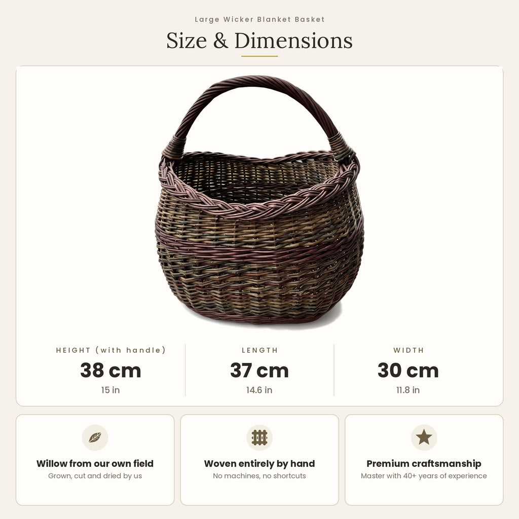 Size chart for the handwoven unpeeled willow market basket showing 38 cm height with handle, 37 cm length and 30 cm width.