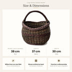 Size chart for the handwoven unpeeled willow market basket showing 38 cm height with handle, 37 cm length and 30 cm width.