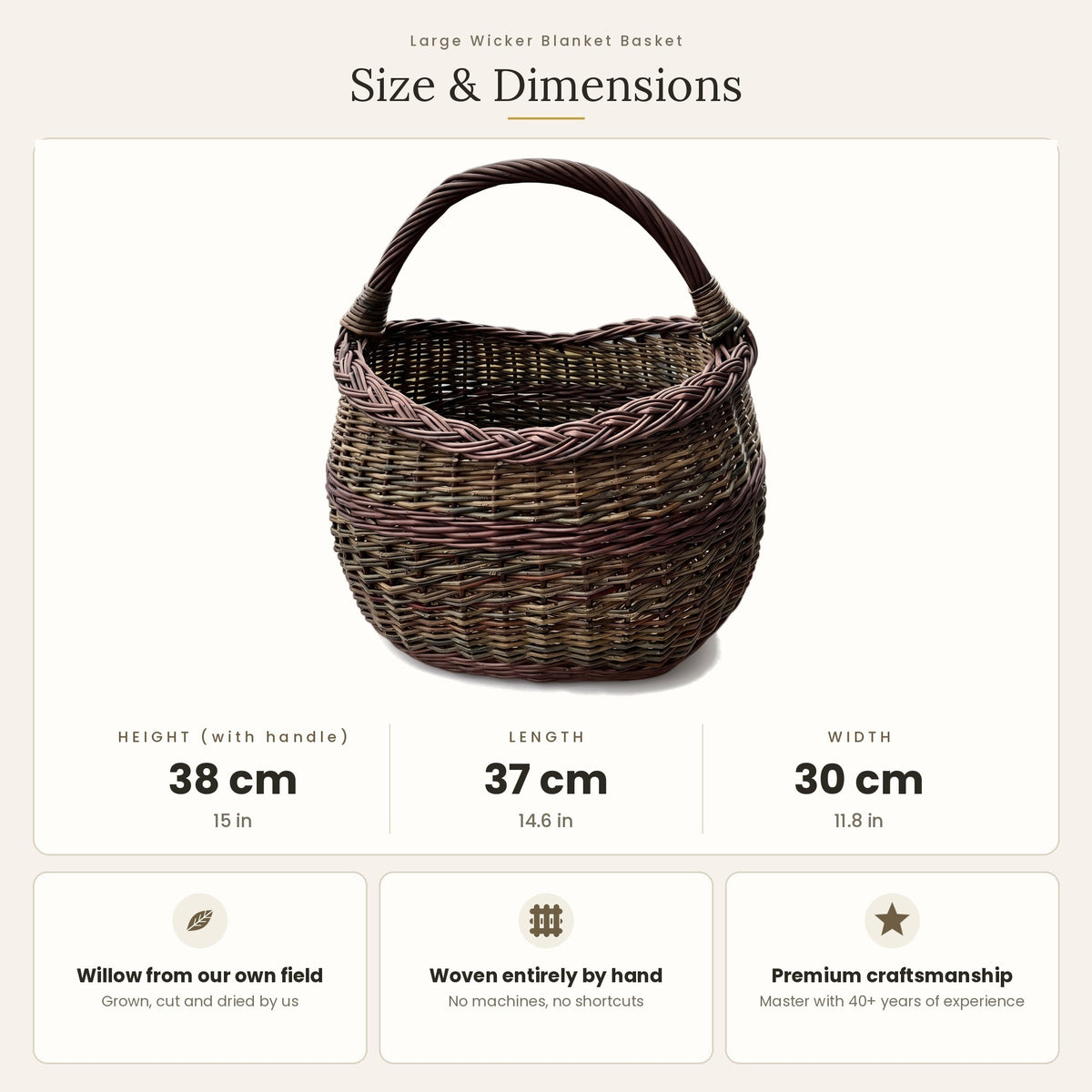 Size chart for the handwoven unpeeled willow market basket showing 38 cm height with handle, 37 cm length and 30 cm width.