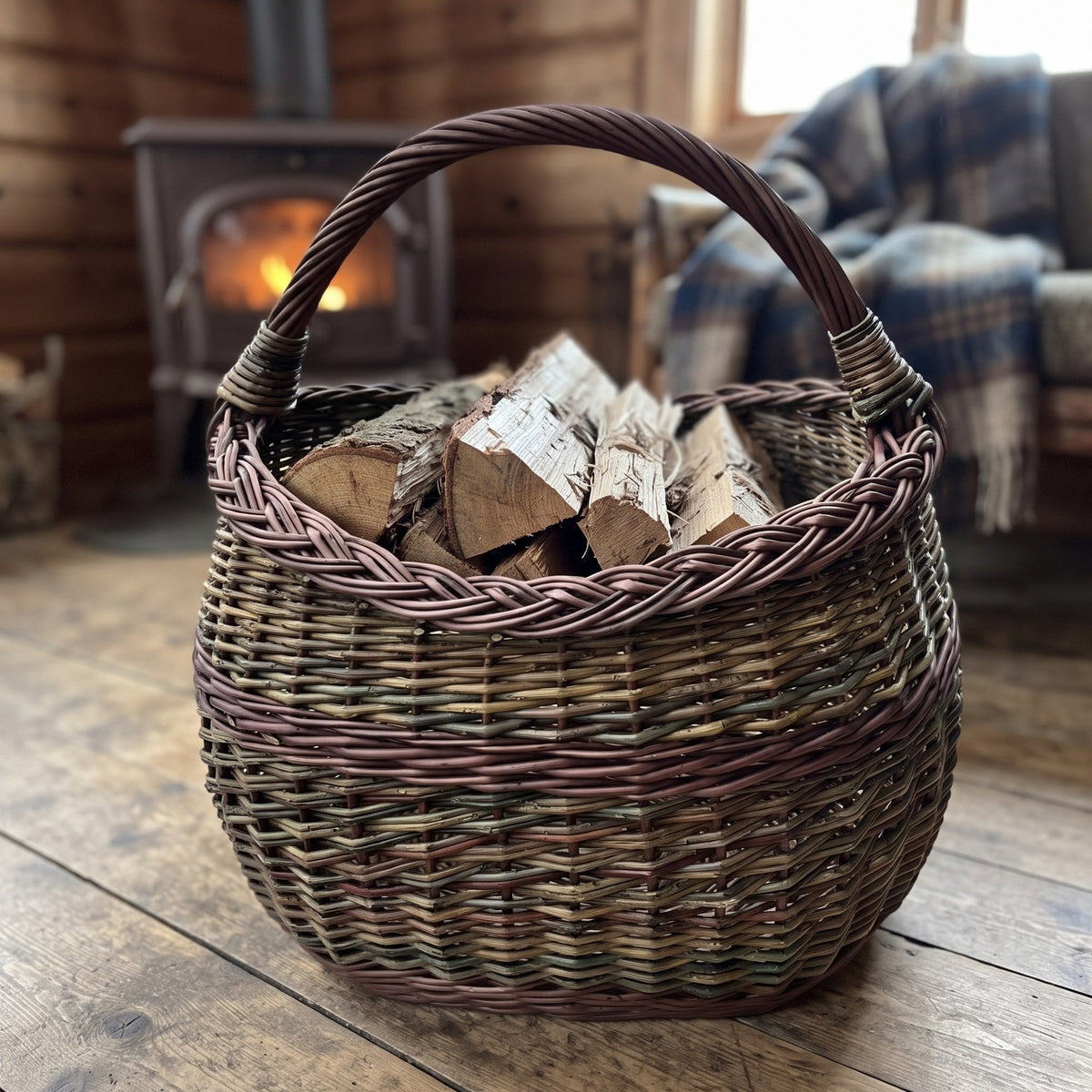 Handwoven willow basket with a twisted arched handle holding split birch kindling on a plank floor beside a wood stove in a cabin.