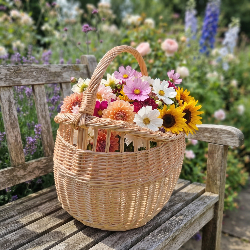 Oval wicker basket with a handle filled with sunflowers, dahlias and daisies on a weathered wooden garden bench among summer flowers