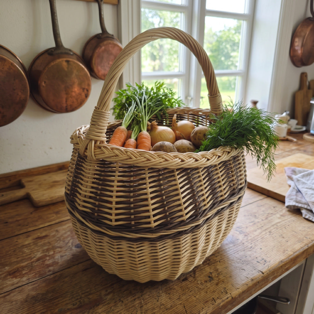 Oval wicker basket with handle holding carrots, onions, potatoes and fresh dill on a farmhouse kitchen table under copper pans