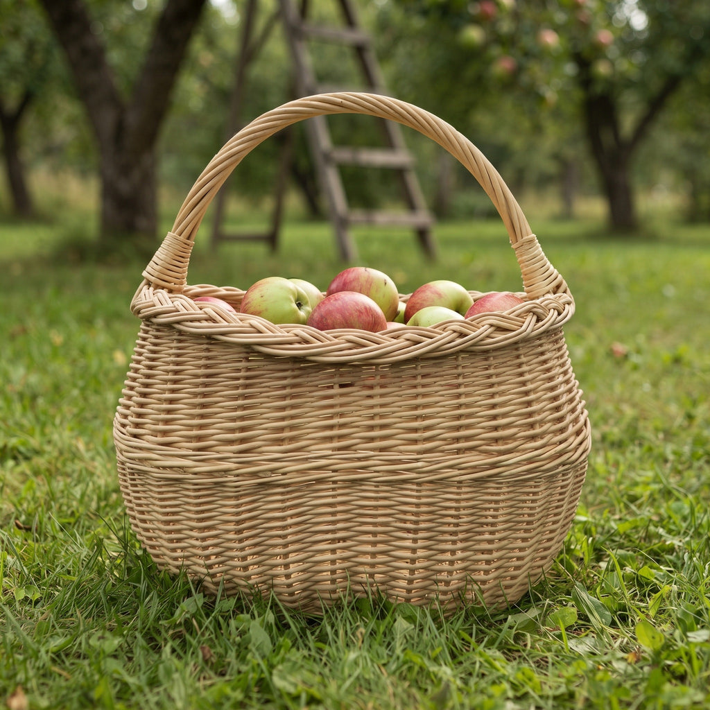 Handwoven willow storage basket with a sturdy arched handle piled with apples on the grass of an orchard beside a wooden ladder