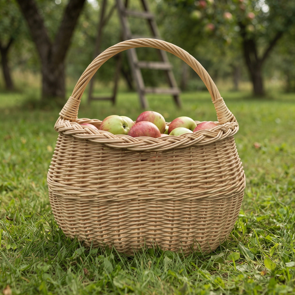 Handwoven willow storage basket with a sturdy arched handle piled with apples on the grass of an orchard beside a wooden ladder