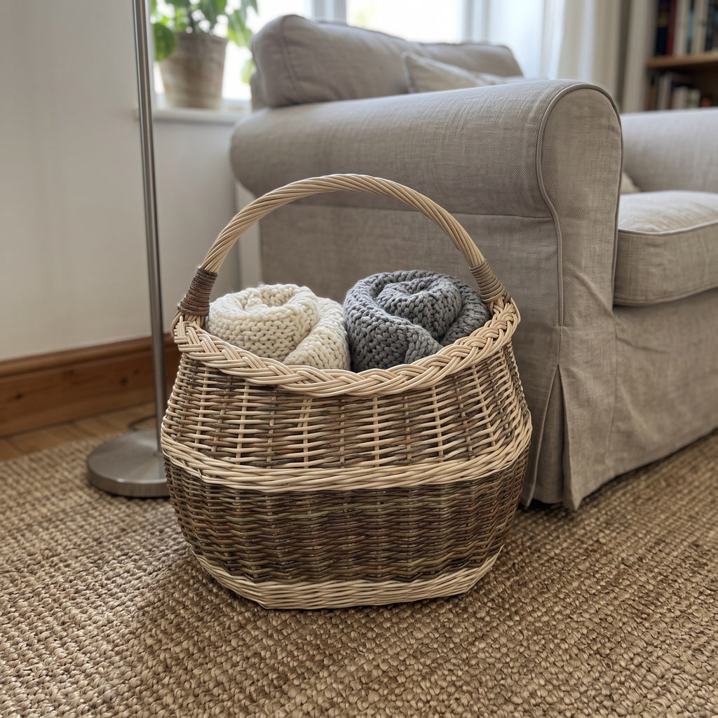 Oval wicker blanket basket holding folded knitted throws on a jute rug next to a linen armchair in a cosy living room